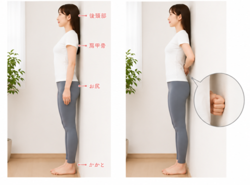 反り腰のセルフチェックをする女性